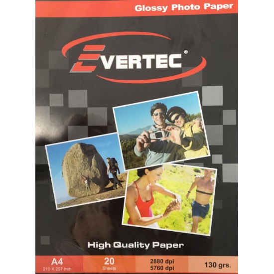 Papel fotografico Glossy 130gr A4 por 20 hojas Evertec (Cod:6218)