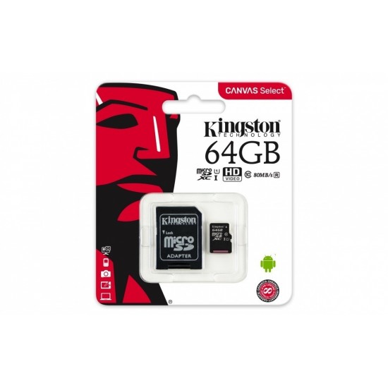 Memoria Micro SDHC con adaptador SD 64GB SDCS/64GB Kingston Clase 10 80mbs (Cod:8251)