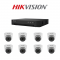 Kit 8 Canales - 1 Dvr 8 CH Hikvision + 8 Cámara Hikvision Domo + Fuente + BNC + Fichas + Cable (Cod:10064)