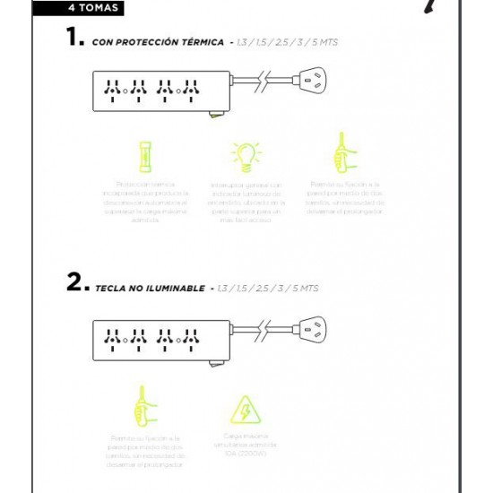 Prolongador multiple con interruptor y proteccion termica - 4 tomacorrientes - cable 0.5mts - Vision (Cod:10138)