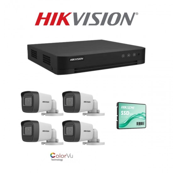 Kit 4 Canales - DVR 4 canales Hikvision + 4 Cámaras Hikvision Bullet Color VU + 120GB + Fuente + BNC + Fichas (Cod:10141)