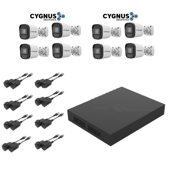 Kit 8 Canales Cygnus - 1 DVR Cygnus 8 CH + 8 Camaras Bullet 1200F Cygnus + 8 par balun Cygnus  (Cod:10292)