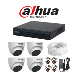 Kit 4 Canales Dahua - Cygnus - XVR 4 CH Dahua + 4 Cámaras Domo Cygnus Int. + Cable 100mts 2 Hilos 100% Cobre  (Cod:10322)