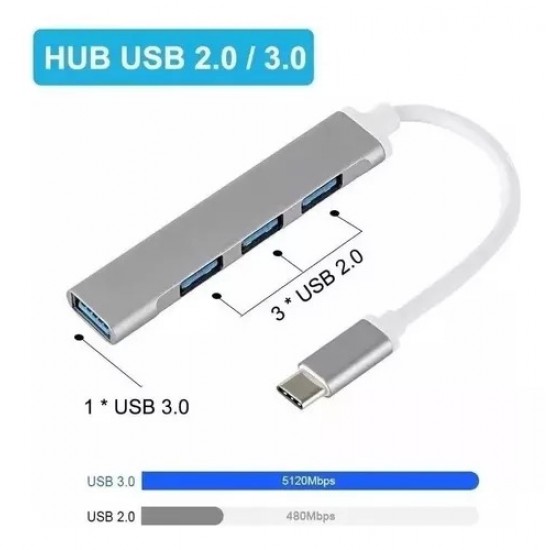 HUB414 - Hub Usb Tipo C 3.0 - 4 puertos - 3 USB 2.0 - 1 UBS 3.0 - Gris - Vision (Cod:8322)
