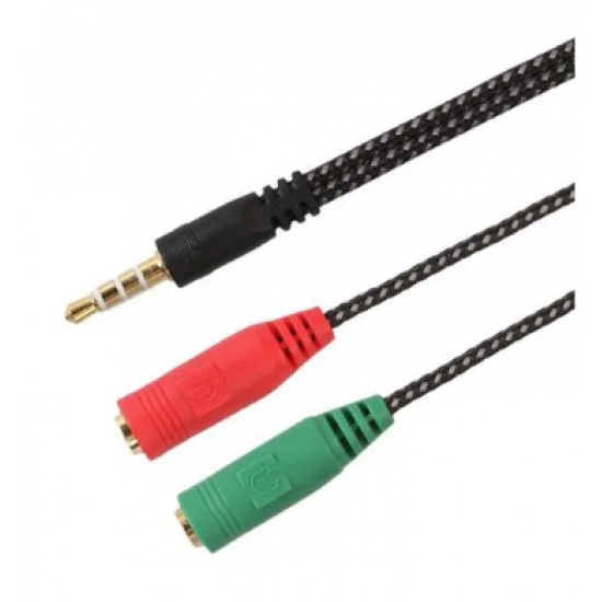 Cable adaptador REFORZADO Auxiliar de plug 3.5 a 2 Jack 3.5 - para 1 auricular y 1 micrófono (Cod:9106)