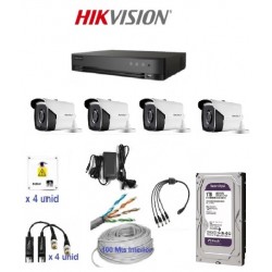 Kit Hikvision 4 Canales - Dvr 4 CH + 4 Cámaras Bullet Exterior + DISCO RIGIDO 1TB Vigilancia + Fuente + Balun + Fichas + Utp + Cajas estancas (Cod:9684)
