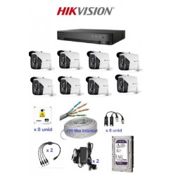  Kit Hikvision 8 Canales - Dvr 8 CH + 8 Cámaras Bullet Exterior  + DISCO RIGIDO 1TB Vigilancia -  Fuente + Balun + Fichas + Utp + Cajas estancas (Cod:9685)