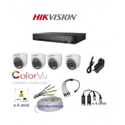 Kit Hikvision 4 Canales Color Vu- Dvr 4 CH + 4 Cámaras Domo 2MPX Plasticas Color Vu  + DISCO RIGIDO 1TB Vigilancia -  Fuente + Balun + Fichas + utp + Cajas estancas (Cod:9686)