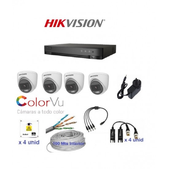 Kit Hikvision 4 Canales Color Vu- Dvr 4 CH + 4 Cámaras Domo 2MPX Plasticas Color Vu  + DISCO RIGIDO 1TB Vigilancia -  Fuente + Balun + Fichas + utp + Cajas estancas (Cod:9686)