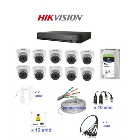 Kit Hikvision 16 Canales - Dvr 16 CH + 10 Cámaras Domo 2MPX Plasticas +  DISCO RIGIDO 1TB Vigilancia - Fuentes + Balun + Fichas + utp + Cajas estancas (Cod:9687)