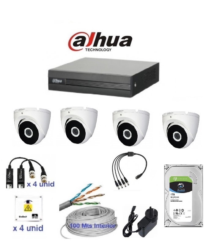 Kit Videovigilancia de 2 Megapixel 5en1 DAHUA (5-8 Minidomos + Grabador 8  Canales + Disco Duro + Cable RG59 con Alimentacion)