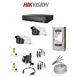 Kit Hikvision 4 Canales - Dvr 4 CH + 2 Cámaras Bullet Exterior +  DISCO RIGIDO 1TB Vigilancia -  Fuente + Balun + Fichas + Cajas estancas + UTP (Cod:9710)