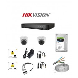 Kit Hikvision 4 Canales - Dvr 4 CH + 2 Cámaras Domo 2MPX Plasticas +  DISCO RIGIDO 1TB Vigilancia -  Fuente + Balun + Fichas + Cajas estancas + UTP (Cod:9710)