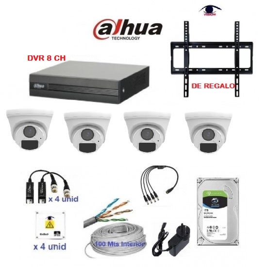 Kit 4 Canales - Dvr 8 CH Inteligencia Artificial Dahua + 4 Cámaras Domo 2MPX Cygnus + DISCO RIGIDO 1TB Vigilancia - Fuente + Balun + Fichas + Caja estanca + UTP (Cod:9810)