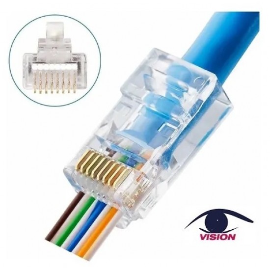 Conector RJ45 Macho PASANTE Cat6e - pin de cobre - RJ45(6)T - Vision (Cod:9083) Conector RJ45 Macho PASANTE Cat6e - pin de cobre - RJ45(6)T - Vision (Cod:9083)
